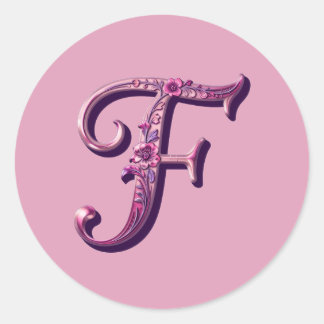 Adesivo Redondo Modern Metallic Rosemaling Letter F, Pink/Purple