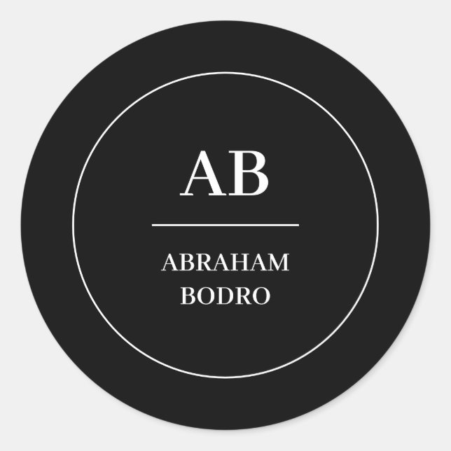 Adesivo Redondo Modern Minimal Black White Monogram Design (Frente)