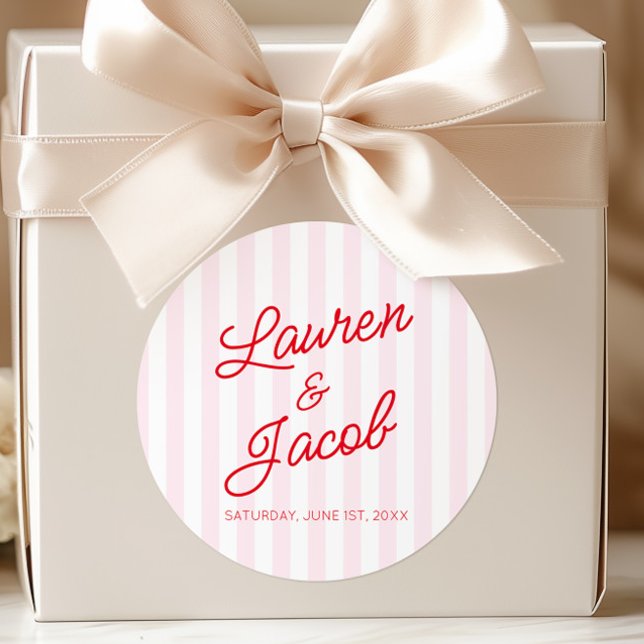 Adesivo Redondo Modern Minimal Minimalist Red Pink Stripes Wedding (Criador carregado)
