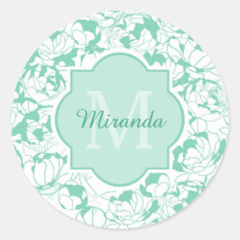 Adesivo Redondo Modern Mint Green Floral Girly Monograma Com Nome
