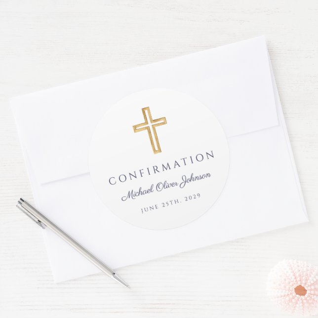 Adesivo Redondo Modern Navy Blue Religious Cross Boy Confirmation (Envelope)
