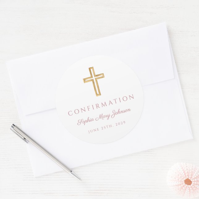 Adesivo Redondo Modern Pink Religious Cross Confirmation (Envelope)