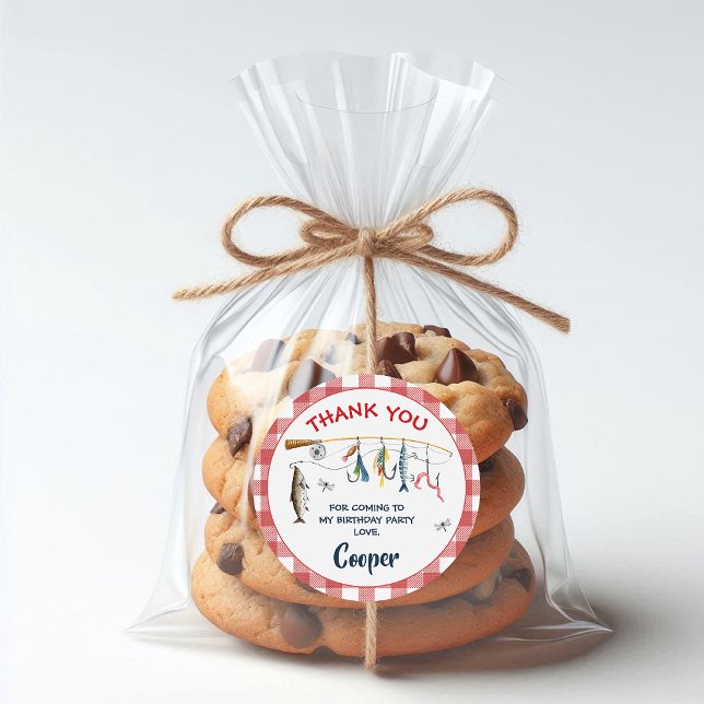 Adesivo Redondo Modern Red Gingham Fishing Birthday  (Ofishally One Birthday Sticker, Fishing Themed Birthday Sticker, Ofishal Birthday Sticker Gingham
)