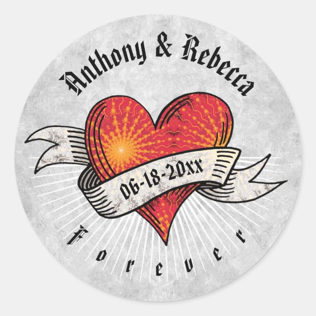 Adesivo Redondo Modern Red Heart Adicionar Nomes e Data (Frente)