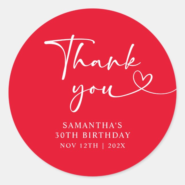 Adesivo Redondo Modern Red White Hello 30th Birthday (Frente)