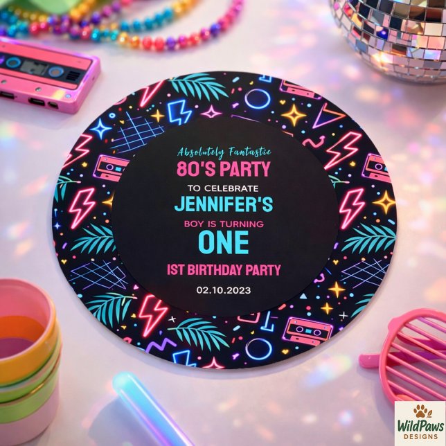 Adesivo Redondo Modern Retro Neon 80’s 1st Birthday Party (Modern Retro Neon 80’s 1st Birthday Party sticker)
