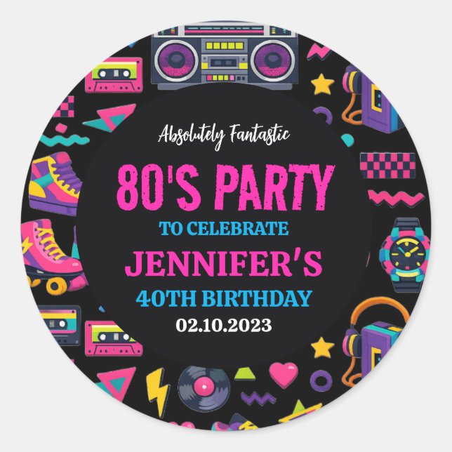 Adesivo Redondo Modern Retro Neon 80’s Birthday Party for Adults (Frente)