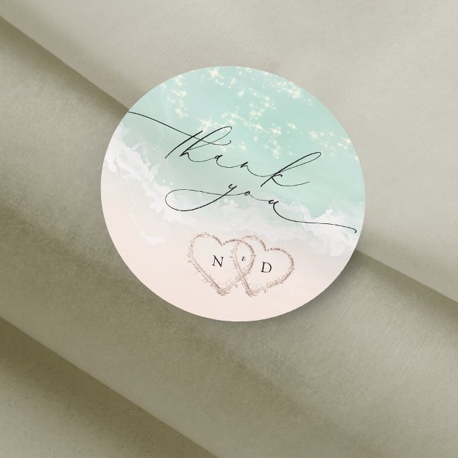 Adesivo Redondo Modern Script Sand Hearts Beach Wedding Obrigado (Modern Script Sand Hearts Beach Wedding Thank You Classic Round Sticker)