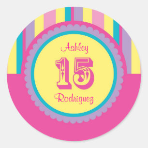 Adesivo Redondo Modern Stripes 15 Aniversário Quinceañera Sticker
