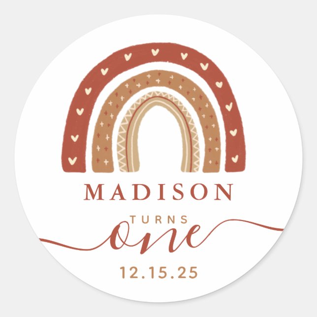 Adesivo Redondo Modern Terracotta Boho Rainbow Birthday (Frente)