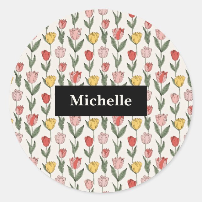 Adesivo Redondo Modern Tulip Floral Pattern Soft Botanical Spring (Frente)
