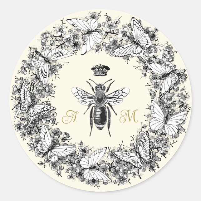 Adesivo Redondo Modern Vintage Queen Bee Butterfly Monograma (Frente)