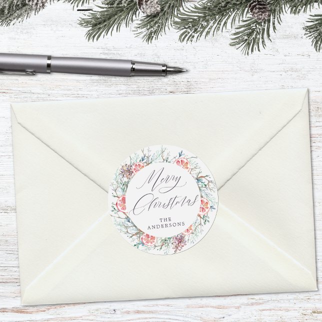 Adesivo Redondo Modern Watercolor Botanicals Feliz Natal (Mockup View)