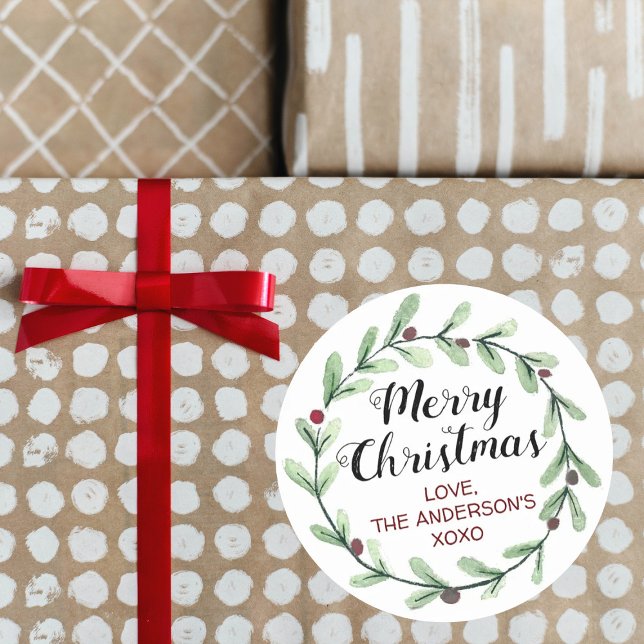 Adesivo Redondo Modern Watercolor Holly Wreath Natal (Criador carregado)