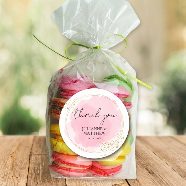 Adesivo Redondo Modern Watercolor Pink Obrigado Casamento (Criador carregado)