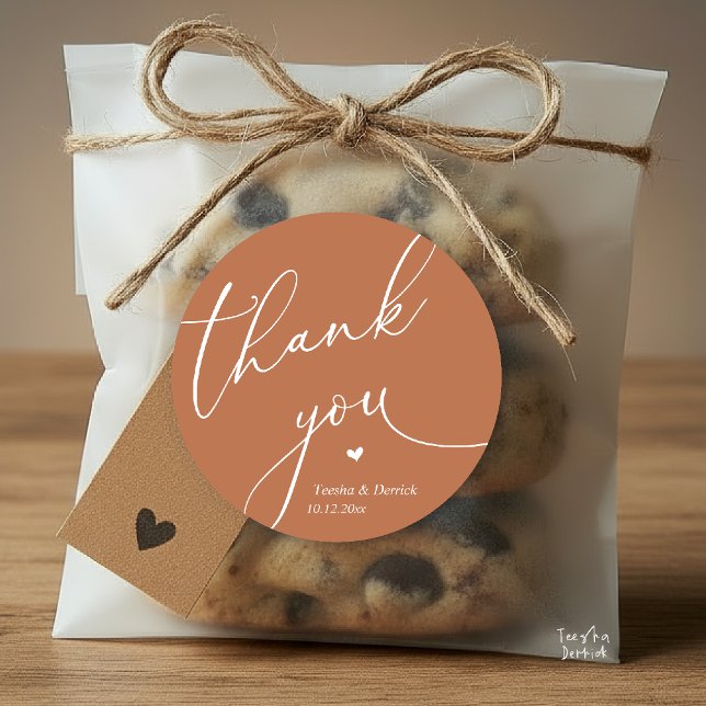 Adesivo Redondo Modern Wedding Minimal Thank You Cute Heart Gifts (Modern Wedding Minimal Thank You Cute Cute Little Heart Gifts Classic Round Sticker in Copper Brown)