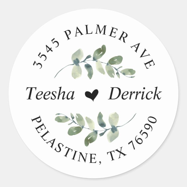 Adesivo Redondo Modern Wedding Return Address Greenery Eucalyptus (Frente)