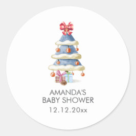 Adesivo Redondo Modern Winter Bow Christmas Tree Baby Shower