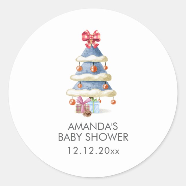 Adesivo Redondo Modern Winter Bow Christmas Tree Baby Shower  (Frente)