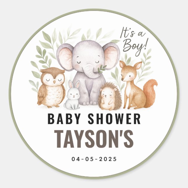 Adesivo Redondo Modern Woodland Animals Forest Boy Baby Shower (Frente)