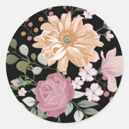 Adesivo Redondo Moderno Amarelo Ousado & Floral Rosa em Preto
