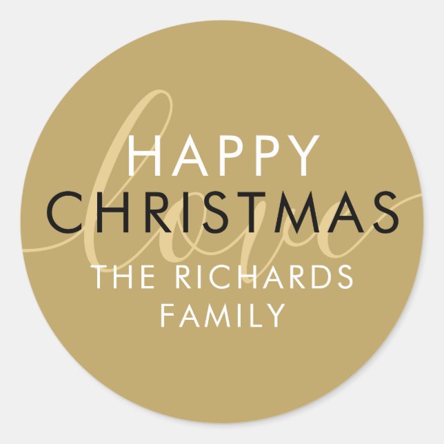 Adesivo Redondo Moderno Amor em Script Chic Dourado Natal (Frente)