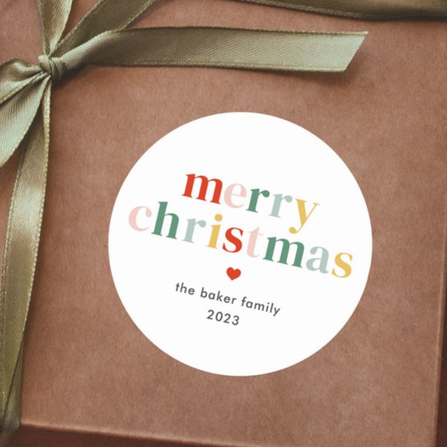 Adesivo Redondo Moderno Colorir Feliz Natal (Colorful modern merry christmas gift tag sticker.)