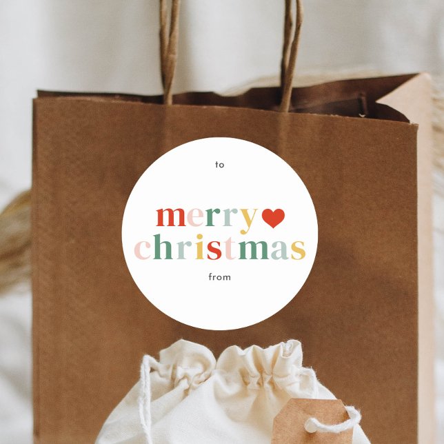 Adesivo Redondo Moderno Colorir Feliz Natal (Modern colorful type merry christmas gift tag sticker.)