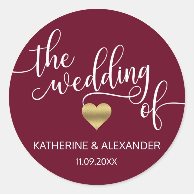Adesivo Redondo Moderno Dourado Cardíaco Borgonha O CASAMENTO DE S (Frente)