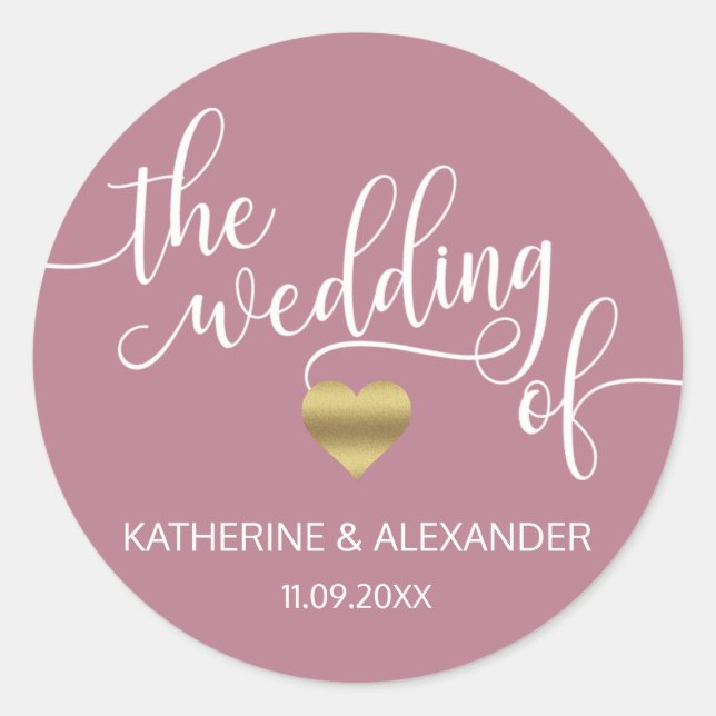 Adesivo Redondo Moderno e Dourado Maçã O CASAMENTO DE Selo (Frente)