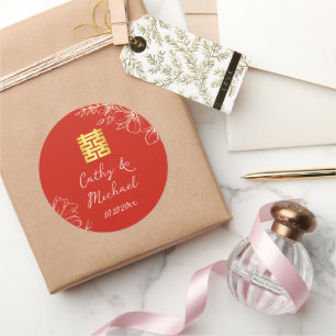 Adesivo Redondo Moderno elegante casamento chinês floral script ve