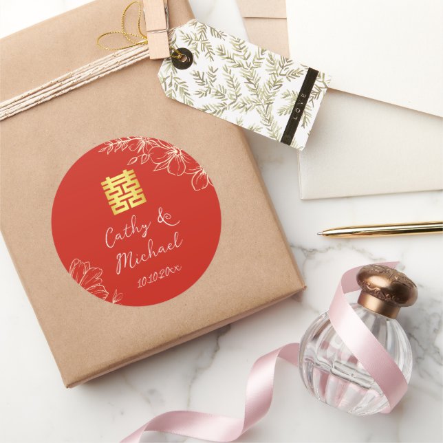 Adesivo Redondo Moderno elegante casamento chinês floral script ve (Presentear)
