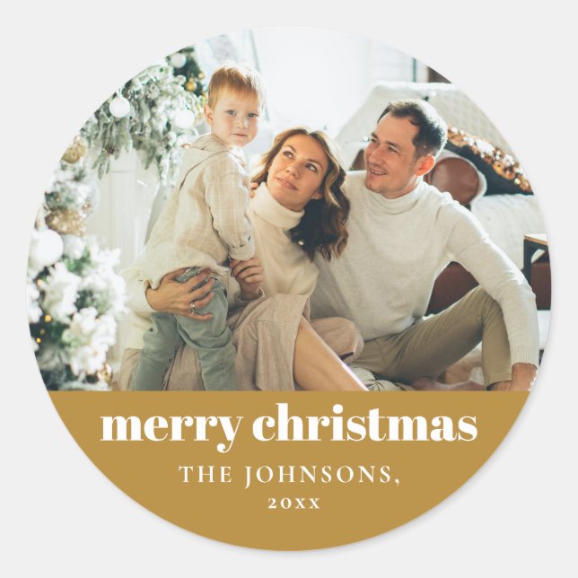 Adesivo Redondo Moderno Elegante Feliz Natal Dourado (Frente)