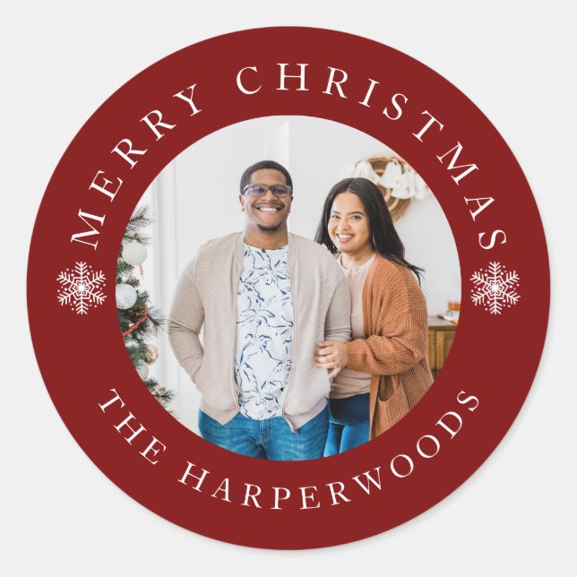 Adesivo Redondo Moderno Elegante Snowflakes Família de Natal 1 Fot (Frente)