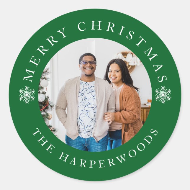 Adesivo Redondo Moderno Elegante Snowflakes Família de Natal 1 Fot (Frente)