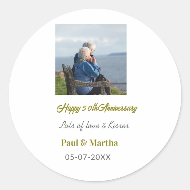 Adesivo Redondo Moderno feliz 50º aniversário adicionar nome data  (Frente)