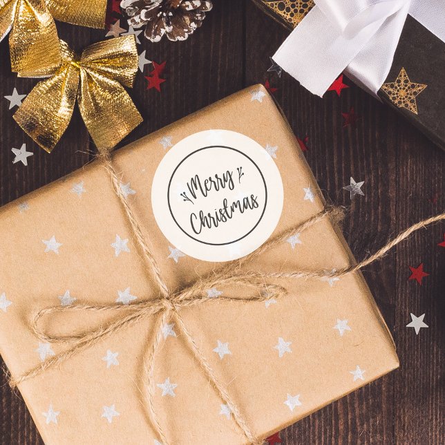 Adesivo Redondo Moderno Feliz Natal | Vinheta branca e preta (Modern Merry Christmas | Black and White Sticker
)