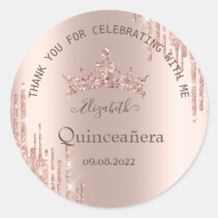 Adesivo Redondo Moderno Glitter Drips Rosa Dourado Quinceañera