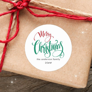 Adesivo Redondo Moderno Minimalista Nome da Família Feliz Natal