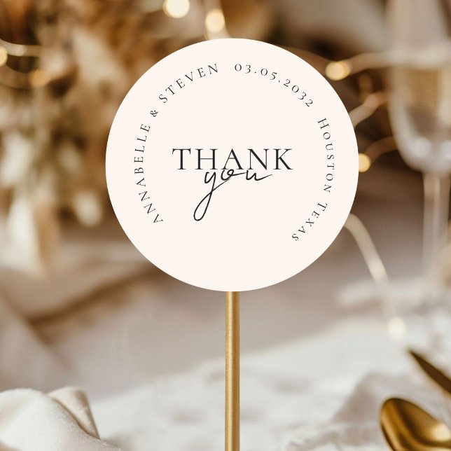 Adesivo Redondo Moderno, mínimo, bege, casamento (THANK YOU! Modern, Minimal, Beige, Wedding Classic Round Sticker with your name and date)