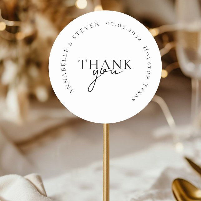 Adesivo Redondo Moderno, Mínimo, Casamento (THANK YOU! Modern, Minimal, White, Wedding Classic Round Sticker with your name and date)
