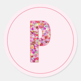 Adesivo Redondo Moderno Monograma de Letra P Floral Rosa Elegante
