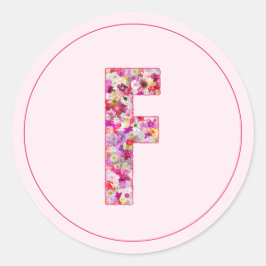 Adesivo Redondo Moderno Monograma Floral Rosa Elegante Letra F