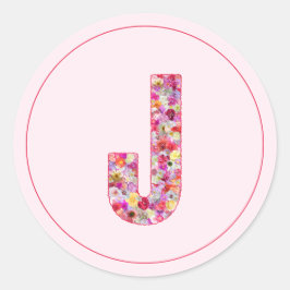 Adesivo Redondo Moderno Monograma Floral Rosa Elegante Letra J