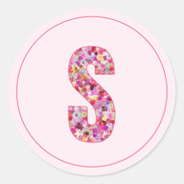Adesivo Redondo Moderno Monograma Floral Rosa Elegante Letra S