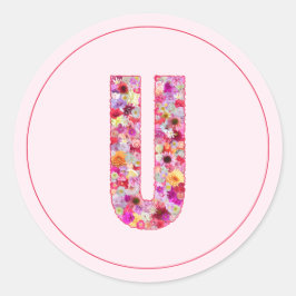 Adesivo Redondo Moderno Monograma Floral Rosa Elegante Letra U