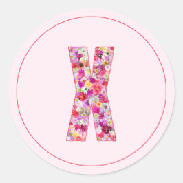 Adesivo Redondo Moderno Monograma Floral Rosa Elegante Letra X