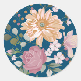 Adesivo Redondo Moderno Ousado Amarelo & Rosa Floral no Azul