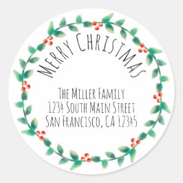 Adesivo Redondo Moderno Simples Feliz Natal Holly Endereço de Reto
