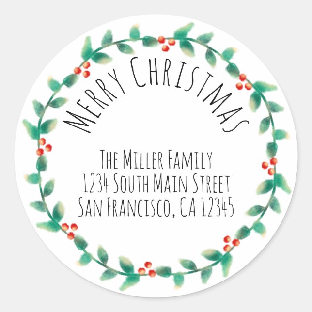 Adesivo Redondo Moderno Simples Feliz Natal Holly Endereço de Reto (Frente)